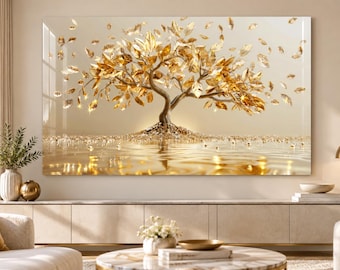 Gold Tree of Life Tempered Glass Wall Art: Luxury Home Decor -gift