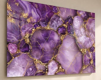 Tempered Glass Wall Art, Purple Gold Amethyst Geode Print, Luxury Crystal Marble ExtraLarge Wall Panel,Modern Glam Home Decor Gift