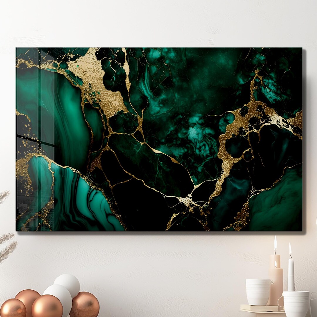 Emerald Green & Gold Marble Tempered Glass Wall Art – Modern Abstract ...