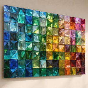 May include: A rectangular wall art piece composed of a grid of individual square glass tiles. Each tile features a faceted, pyramid-like surface. The colours transition across the grid from deep blues and teals to greens, yellows, oranges, and pinks.