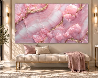 Pink Rose Quartz Tempered Glass Wall Art – Gold Geode Crystal Abstract Luxury Wall Decor