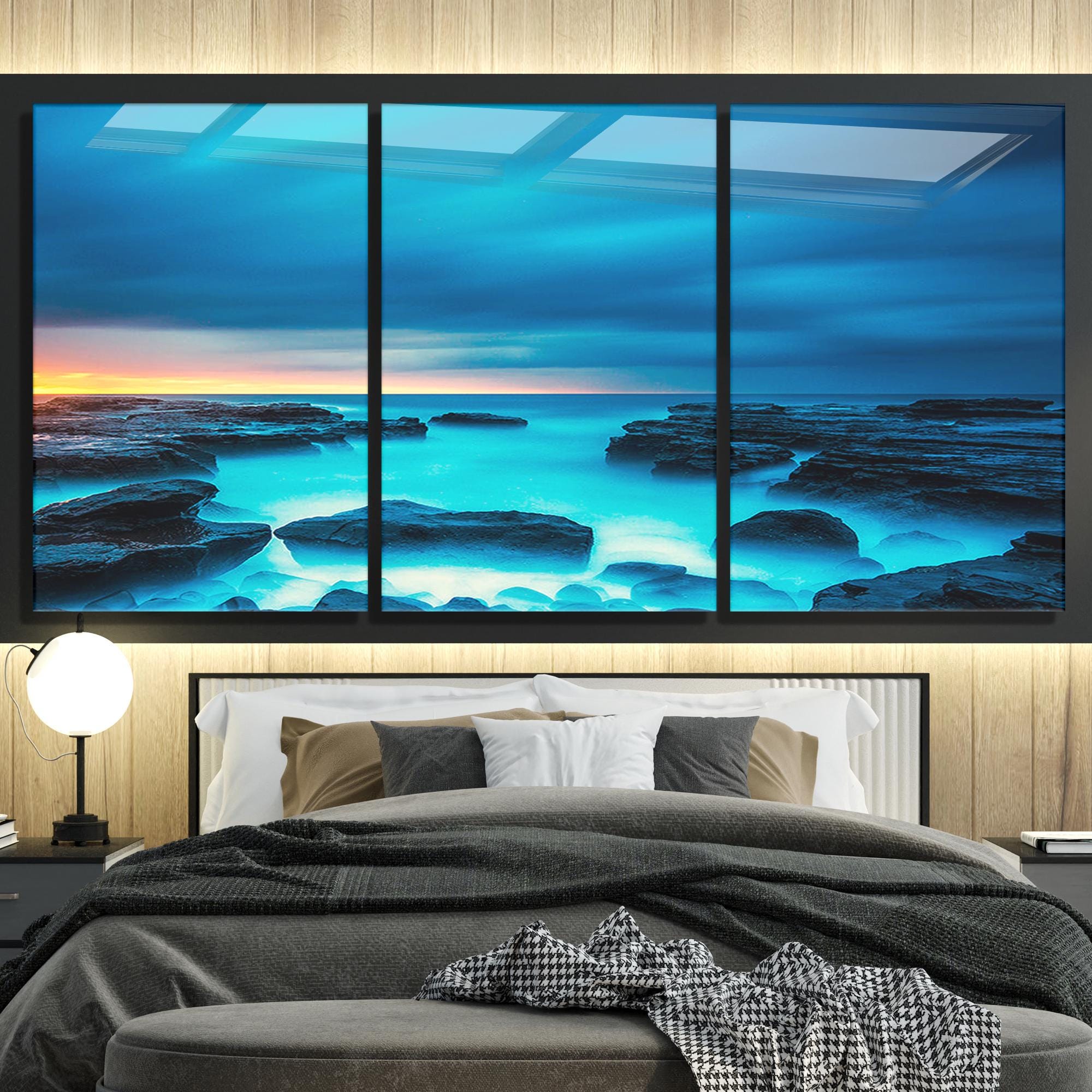 夕日の海の景色を描いた強化ガラスの壁アート：海岸の風景装飾 - Etsy 日本