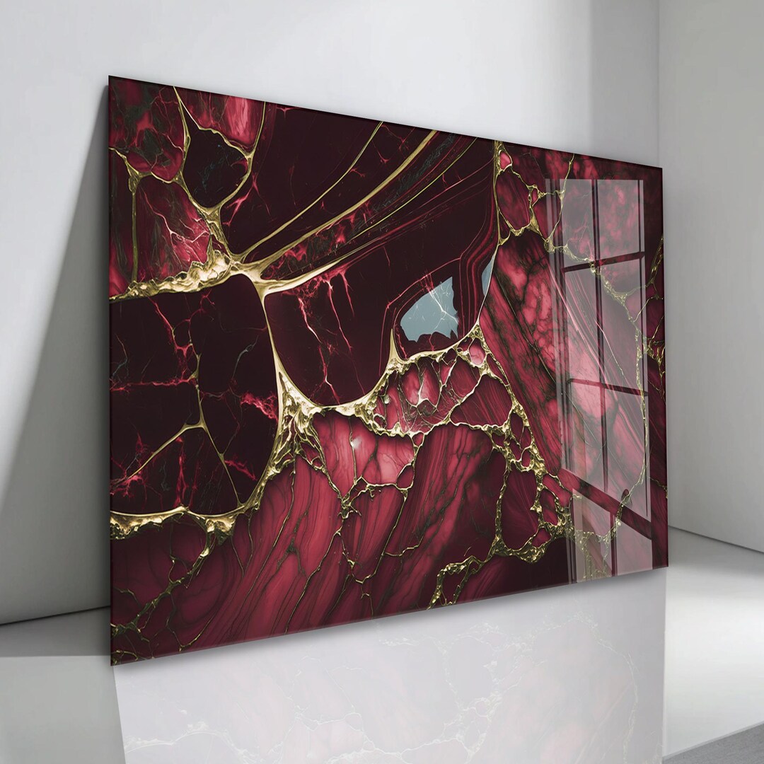 Burgundy Gold Marble Tempered Glass Wall Art – Abstract Luxury ...