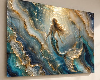 Mermaid Tempered Glass Wall Art – Ocean Fantasy, Gold Accents (Ready to Hang)