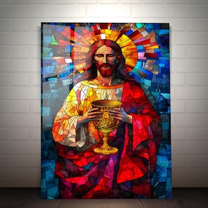 Art mural Jésus-Christ en verre trempé : décoration de vitrail chrétien