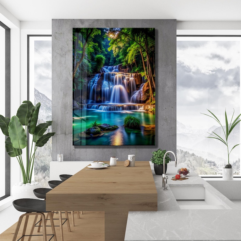 Tempered Glass Waterfall Wall Art: Modern Panoramic Landscape image 15