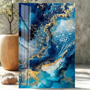 Blue Marble Glass Wall Art, Gold Glass Art, Blue Marble Wall Decor, Tempered Glass, Abstract Blue Marble Art, Abstract Blue Glass Print