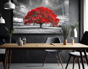 Red Tree Tempered Glass Wall Art, Dramatic Monochrome Landscape, Crimson Nature Decor
