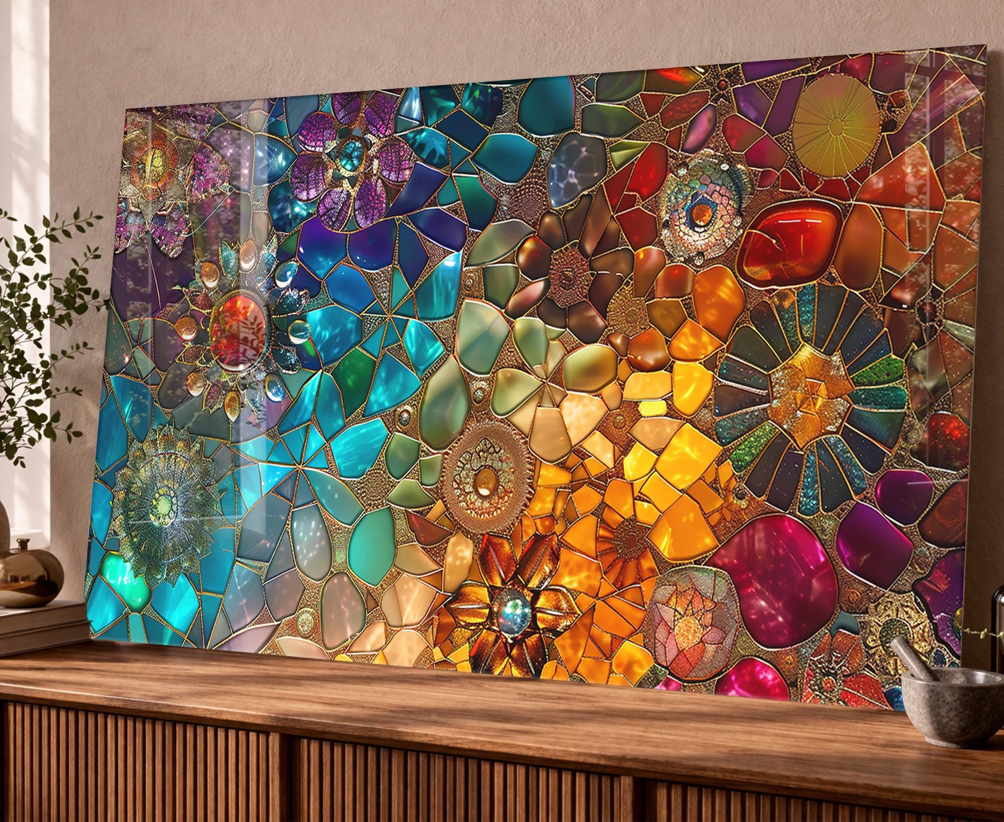 アンティーク　ガラス絵　壁飾り 強化ガラスモザイクウォールアート：カラフルな花柄のボヘミアン風