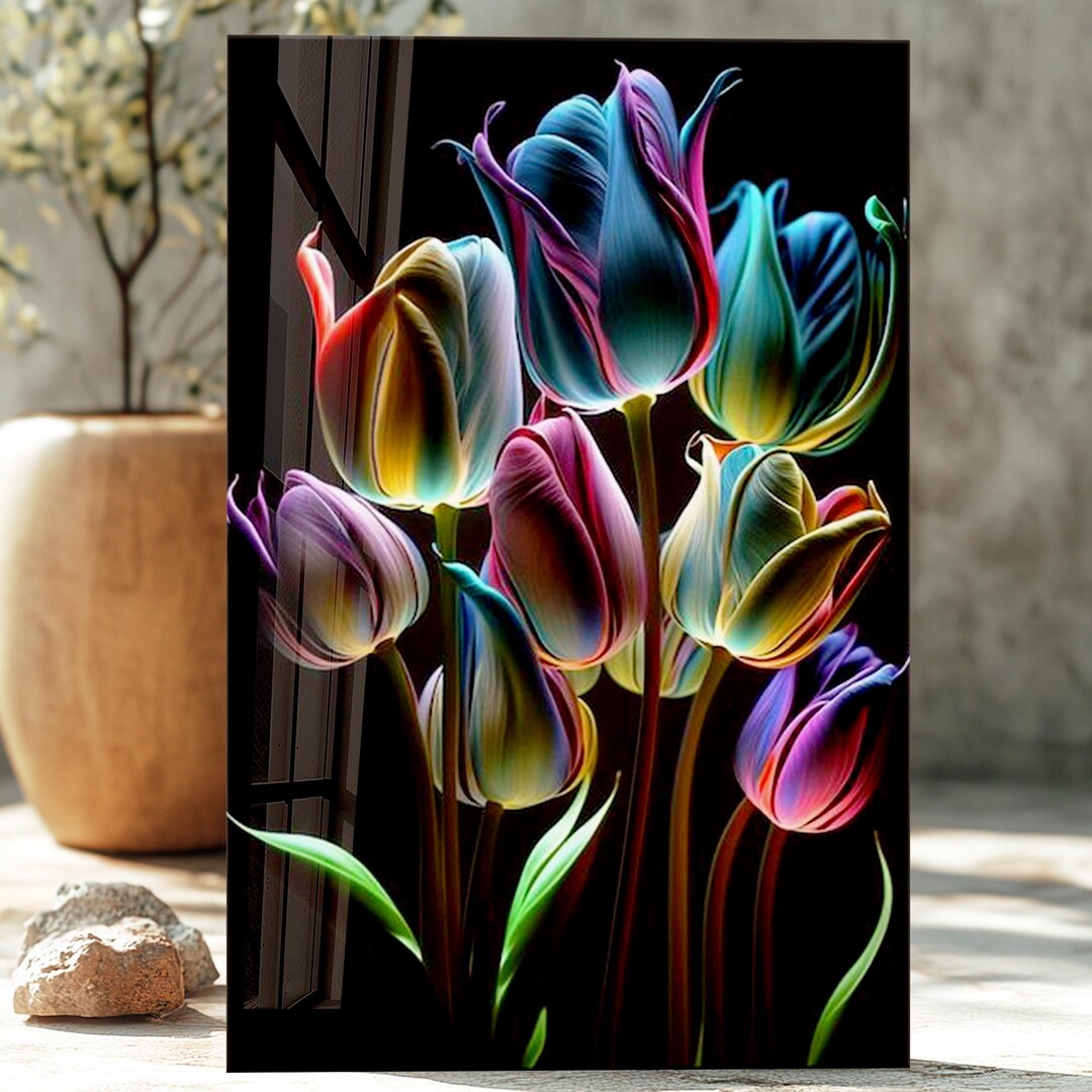 Colorful Tulip Tempered Glass Wall Art, Neon Floral Print, Modern ...