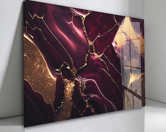 Burgundy Gold Marble Tempered Glass Wall Art: Abstract Home Decor