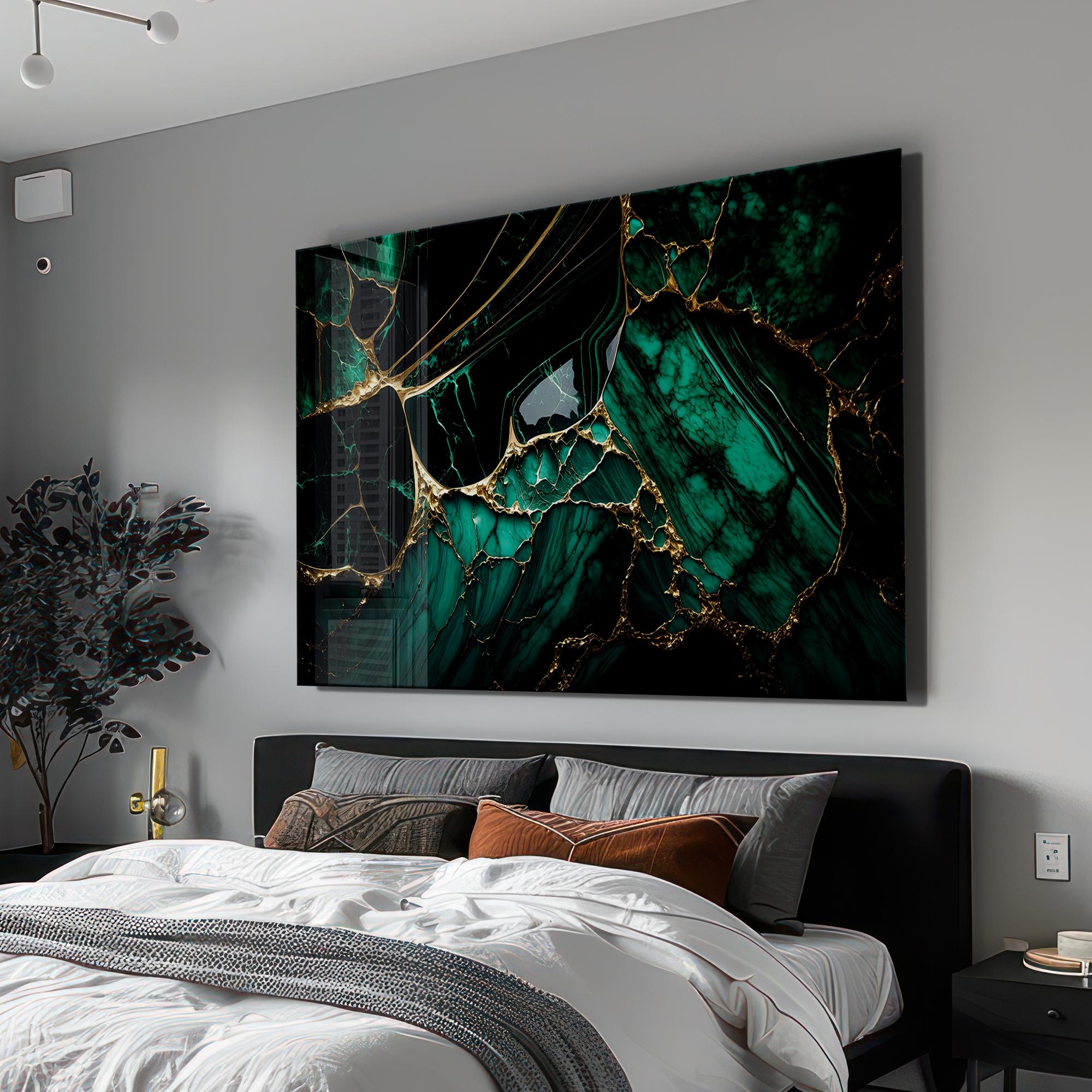 Emerald Green & Gold Tempered Glass Wall Art: Abstract Marble Design - Etsy