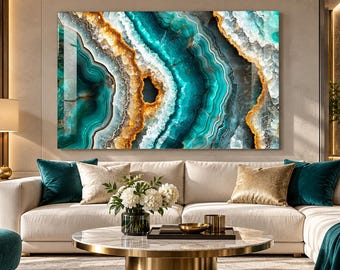 Luxury Turquoise  & Gold Onyx Agate Marble Tempered Glass Wall Art – Modern Geometric Abstract Wall Decor