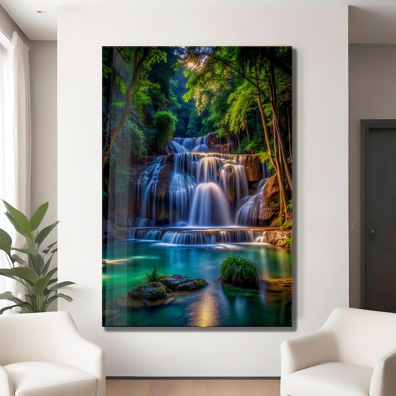 Tempered Glass Waterfall Wall Art: Modern Panoramic Landscape image 12