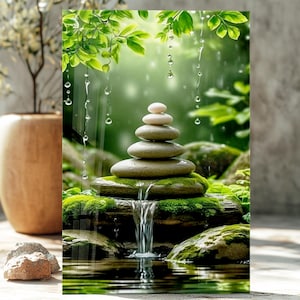 May include: A tranquil image of a stack of smooth stones, balanced on a moss-covered rock, with a small waterfall cascading into a pool. Lush green foliage and water droplets create a peaceful, natural scene. The artwork evokes a sense of calm and balance.