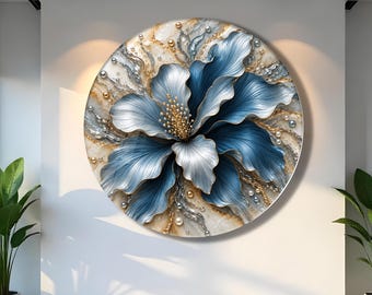 Blue Silver Floral Tempered Glass Wall Art, Round Flower Wall Decor, Gold Accent Botanical Art, Modern Elegant Living Room Wall Decor