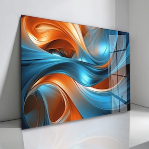 Tempered Glass Wall Art: Abstract Blue and Orange Waves - Modern Home Decor