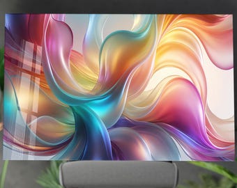 Arte murale in vetro temperato con flusso di colori astratti arcobaleno: arredamento moderno e colorato per la casa
