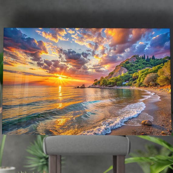 Sunset Ocean View Tempered Glass Wall Art: Coastal Landscape Decor
