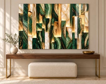 Emerald Green Agate Tempered Glass Wall Art, Gold Geometric Print, Modern Living Room Decor- Flat Uv Glass Printing