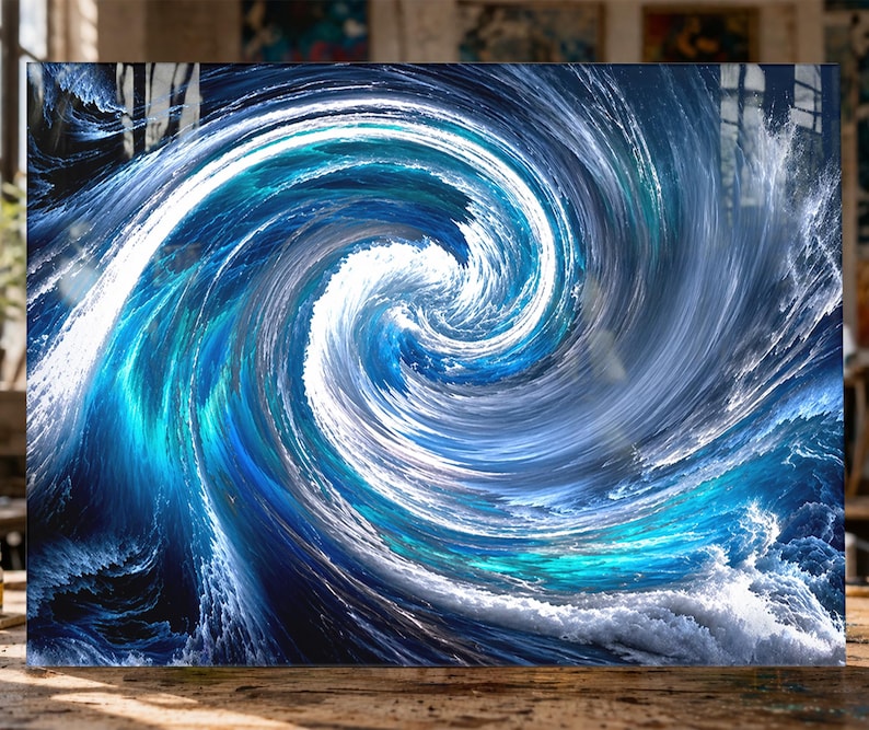 Abstract Shiny Rectangle Tempered Glass Wall Art – Ocean Wave Abstract, Blue Turquoise Ocean ...