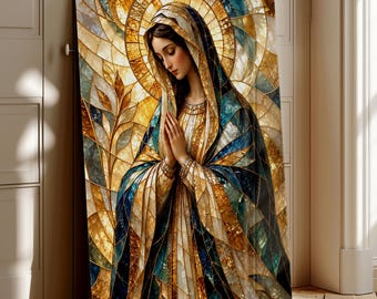 Tempered Glass Virgin Mary Wall Art: Stained Glass Style Religious Decor