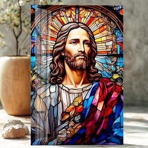 Décoration murale en verre trempé de style vitrail de Jésus-Christ | Décoration d'intérieur religieuse chrétienne