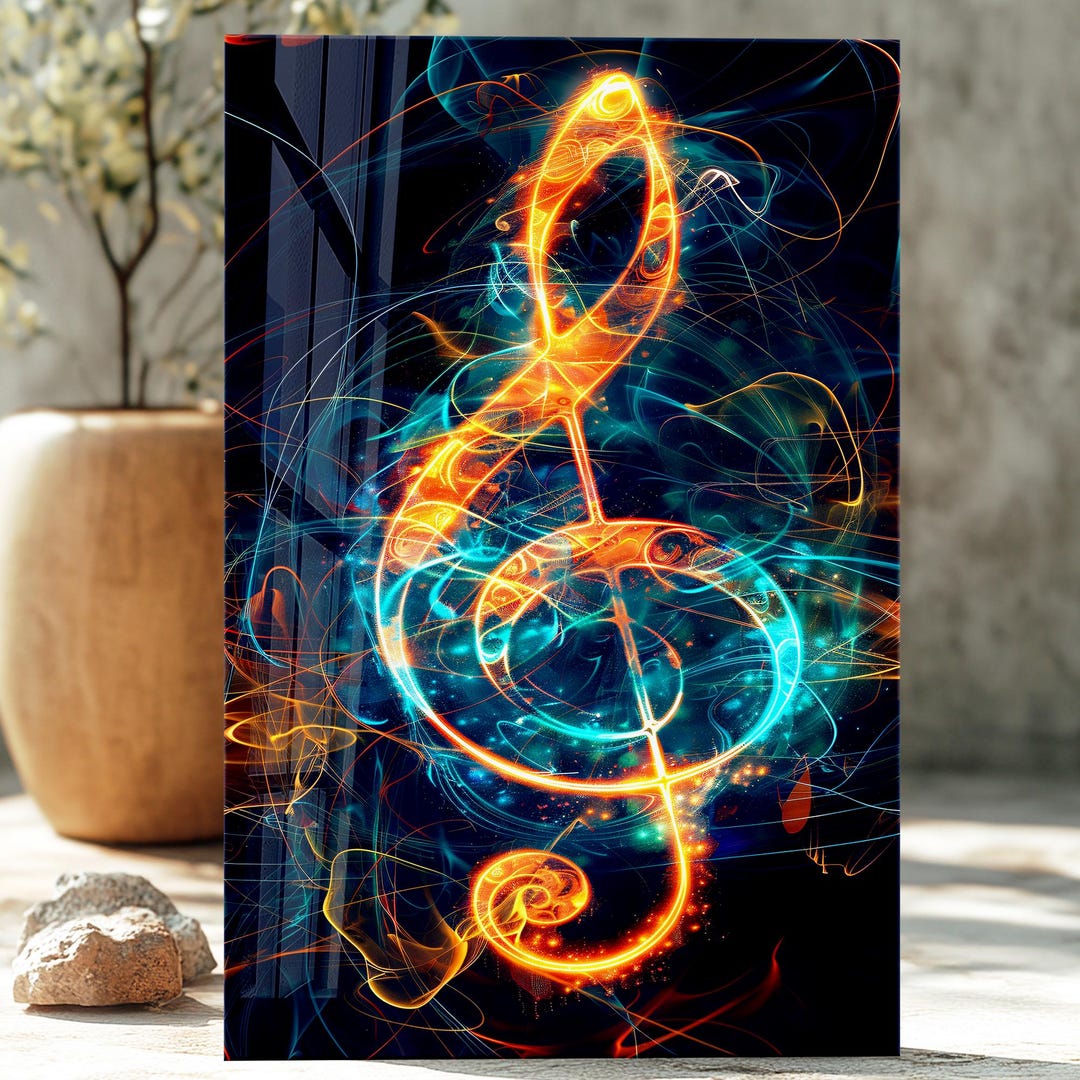 Neon Treble Clef Tempered Glass Wall Art: Futuristic Music Decor