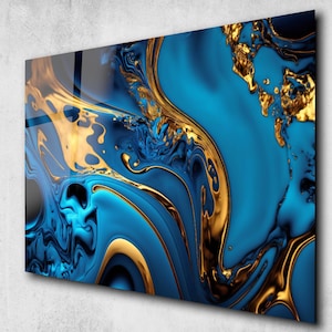 Blue Marble Glass Wall Art, Gold Glass Art,Navy Blue Marble Wall Decor, Tempered Glass, Abstract Blue Marble Art, Abstract Blue Glass Print