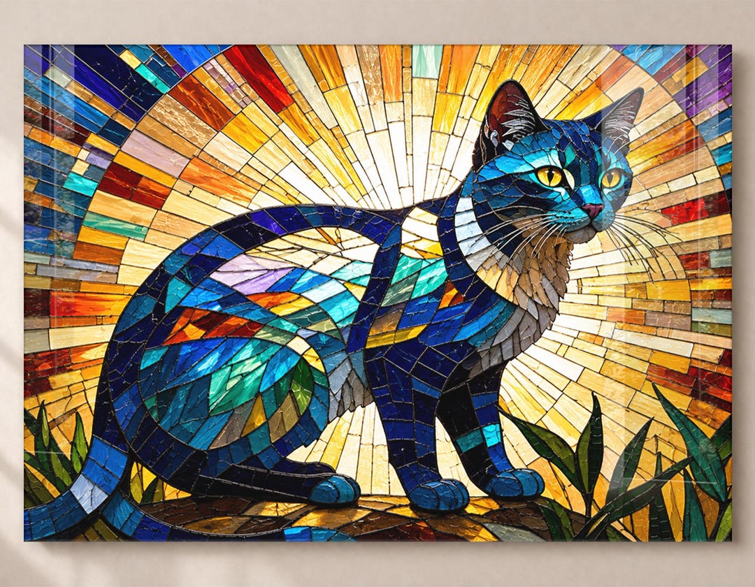 Stained Glass Cat Tempered Glass Wall Art, Colorful Mosaic Cat Wall ...