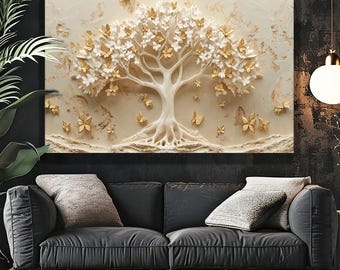Tree of Life Tempered Glass Wall Art, Golden Butterfly and White Blossom Decor