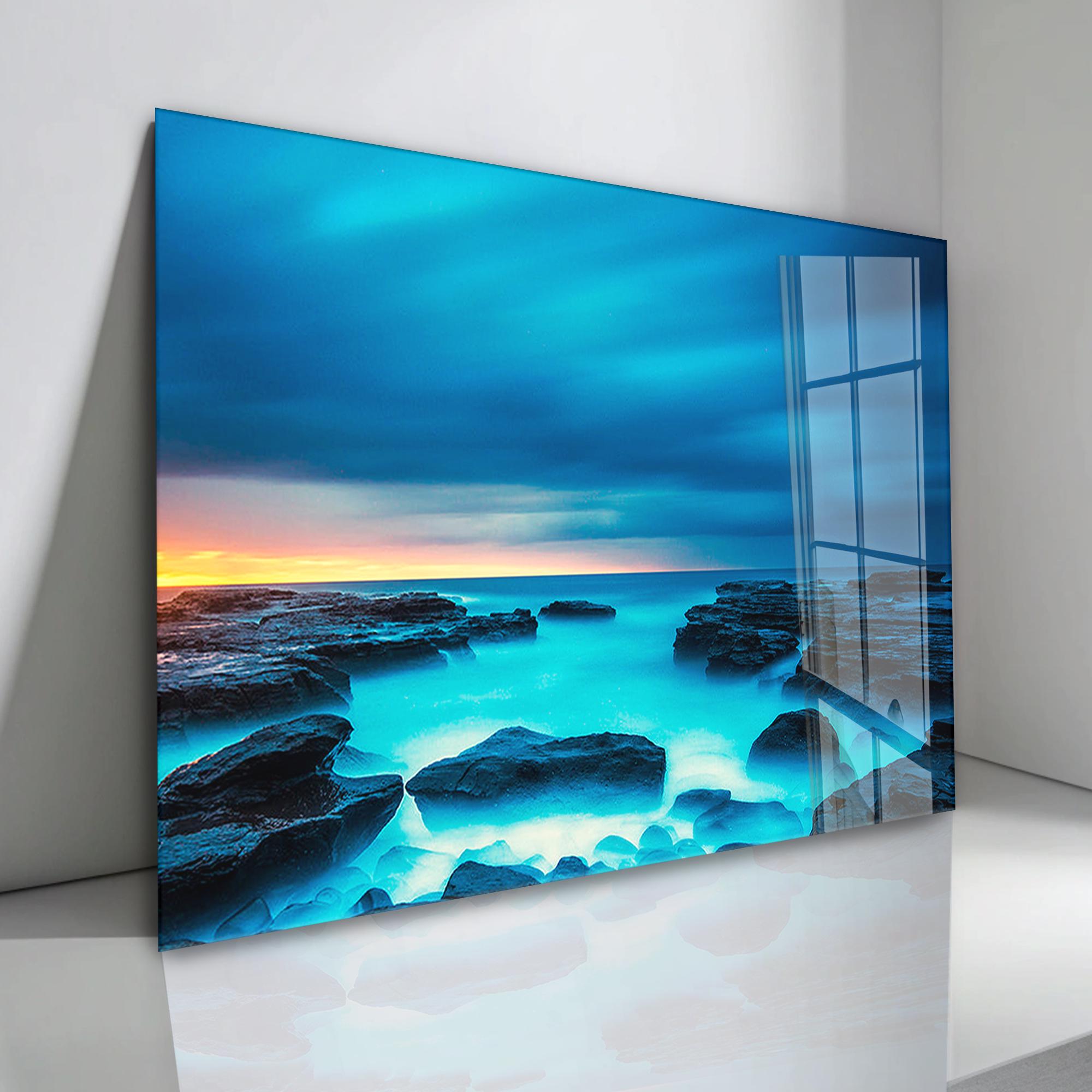 夕日の海の景色を描いた強化ガラスの壁アート：海岸の風景装飾 - Etsy 日本