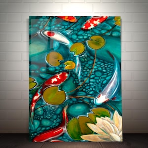 Koi Fish Wall Art-Tempered Glass Wall Art-Teal Koi Fish Wall Hanging-Zen Decor- Large wall Art-Abstract Good Luck Symbol Art-Unique Gift