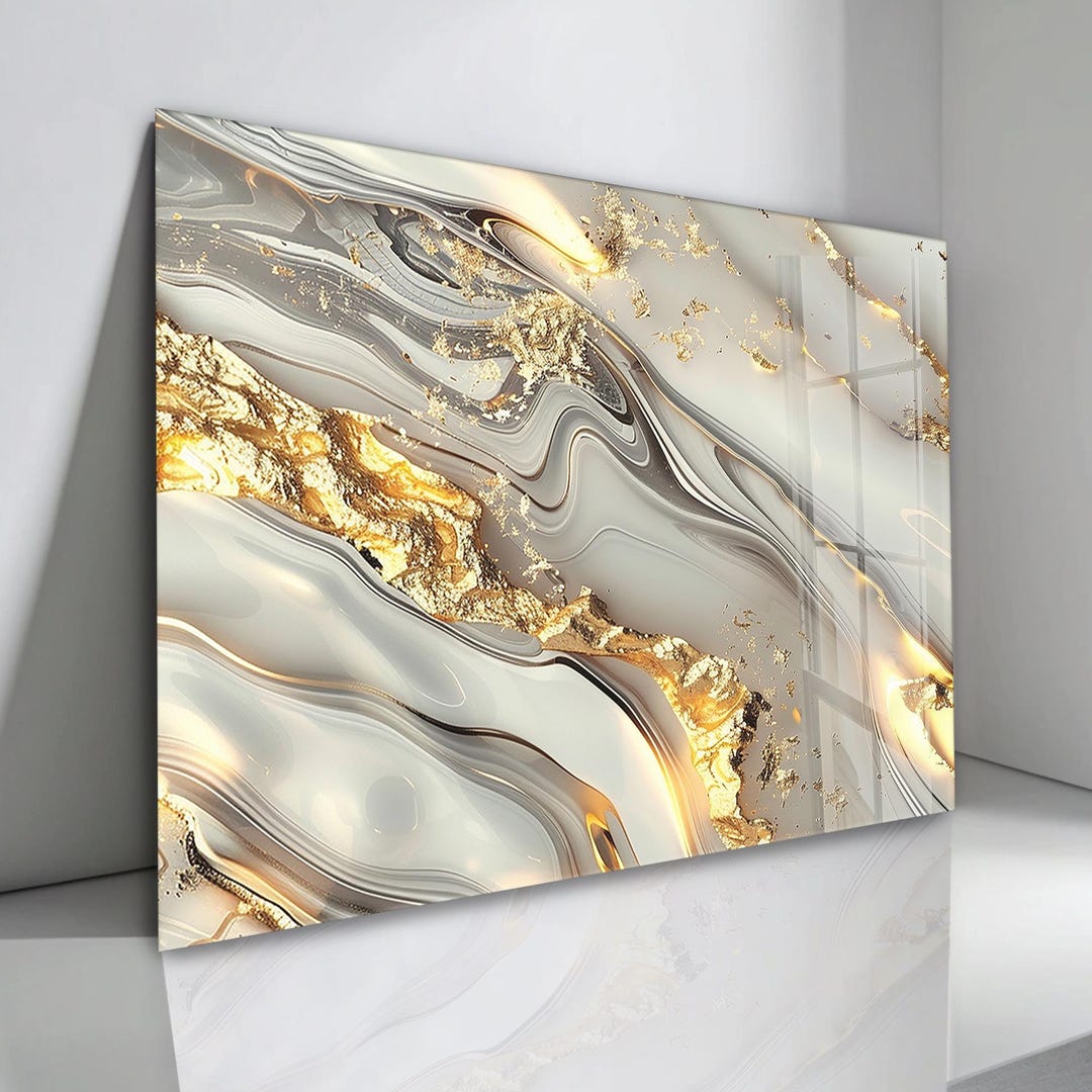 Gold Marble Tempered Glass Wall Art: Abstract White & Gold Decor - Etsy