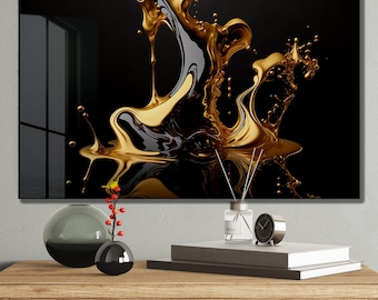 Golden Splash Tempered Glass Wall Art: Modern Abstract Decor