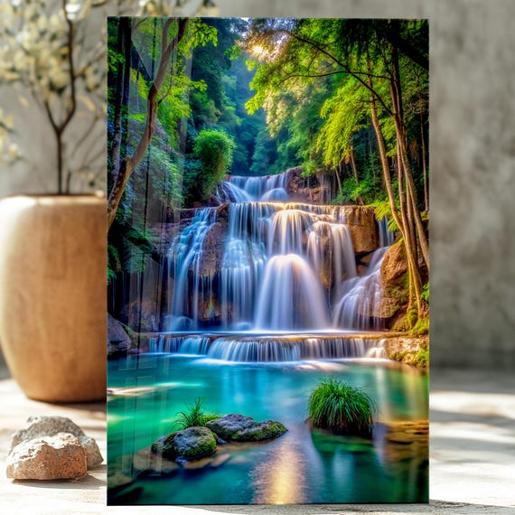 Tempered Glass Waterfall Wall Art: Modern Panoramic Landscape