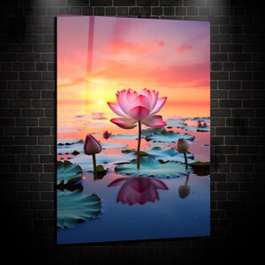 Pink Lotus Sunset Tempered Glass Wall Art-Large Wall Art-Meditation Room Art-Zen Decor-Spa Wall Art-Home Decor-Wall Hangings-Yoga Gifts