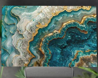 Turquoise Gold Agate Glass Wall Art, Luxury Geode Decor