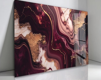 Burgundy Gold Marble Tempered Glass Wall Art: Abstract Home Decor