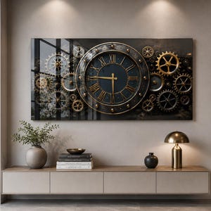 May include: A rectangular wall art piece featuring a large central clock face with Roman numerals and gold hands, surrounded by an intricate arrangement of various sized metallic gears and cogs in shades of bronze, gold, and dark charcoal grey.