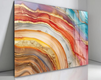 Achat Geode Wandkunst aus gehärtetem Glas - Türkis Orange Crystal Flow Design