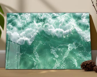Arte de pared de vidrio templado con olas del océano turquesa, decoración costera