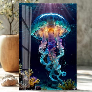 Neon Jellyfish Wall Art on Tempered Glass – Ocean Life Large Wall Decor - Glowing Jellyfish Home Decor - Coastal Glass Art - Nautical gifts