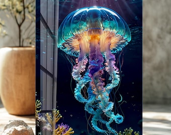 Cuadro de pared de medusas azul neón en vidrio templado: decoración costera para el hogar.