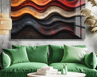 Abstract Wood Grain Tempered Glass Wall Art, Rustic Wave Decor (Red, Amber, Ivory, Black)