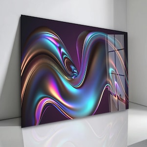 May include: Abstract art print featuring a flowing, iridescent design in shades of purple, teal, and gold. The artwork has a glossy finish and is mounted on a dark purple background. The piece is leaning against a white wall.