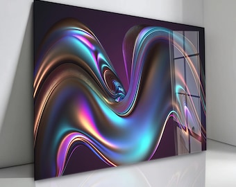 May include: Abstract art print featuring a flowing, iridescent design in shades of purple, teal, and gold. The artwork has a glossy finish and is mounted on a dark purple background. The piece is leaning against a white wall.