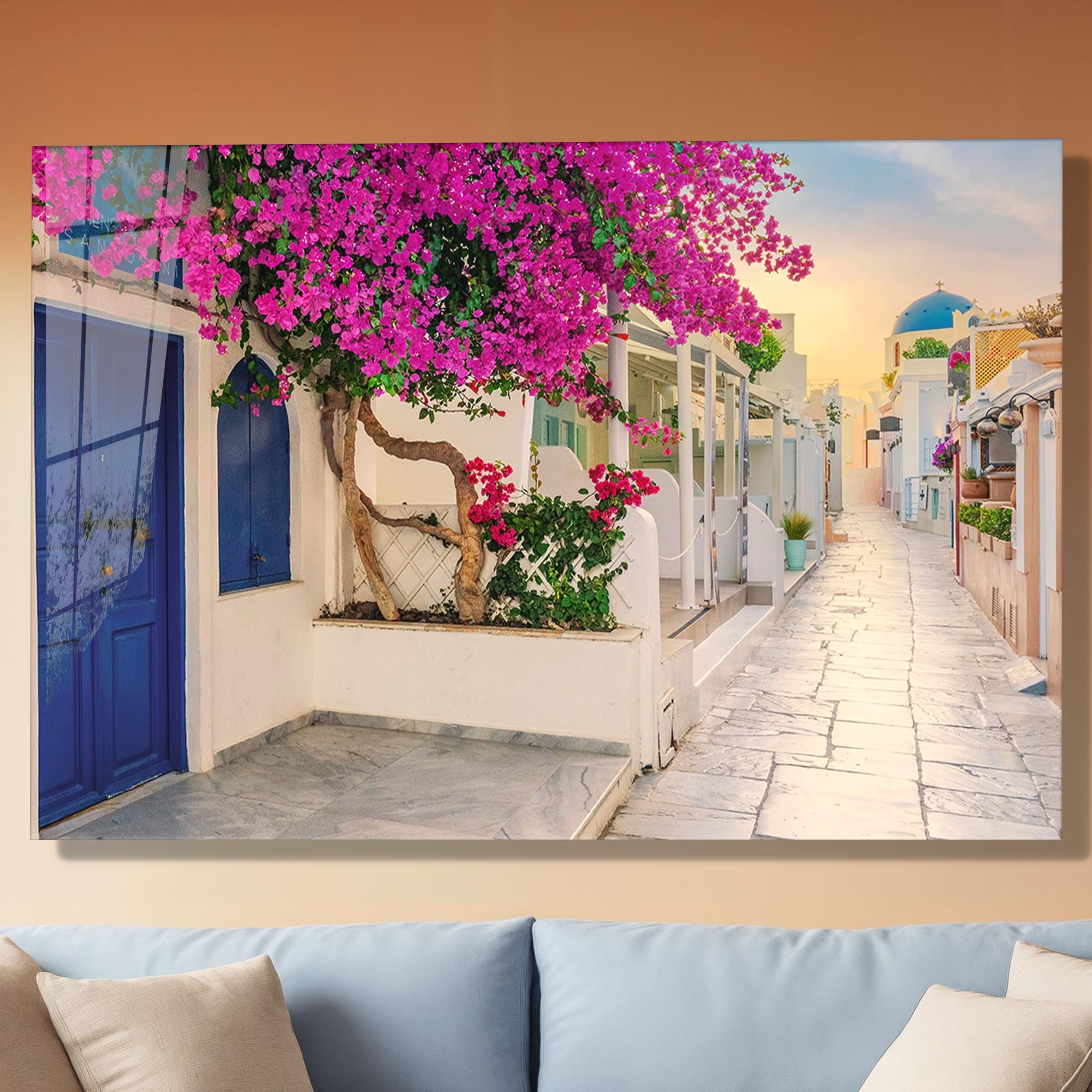 Santorini Bougainvillea Street Tempered Glass Wall Art