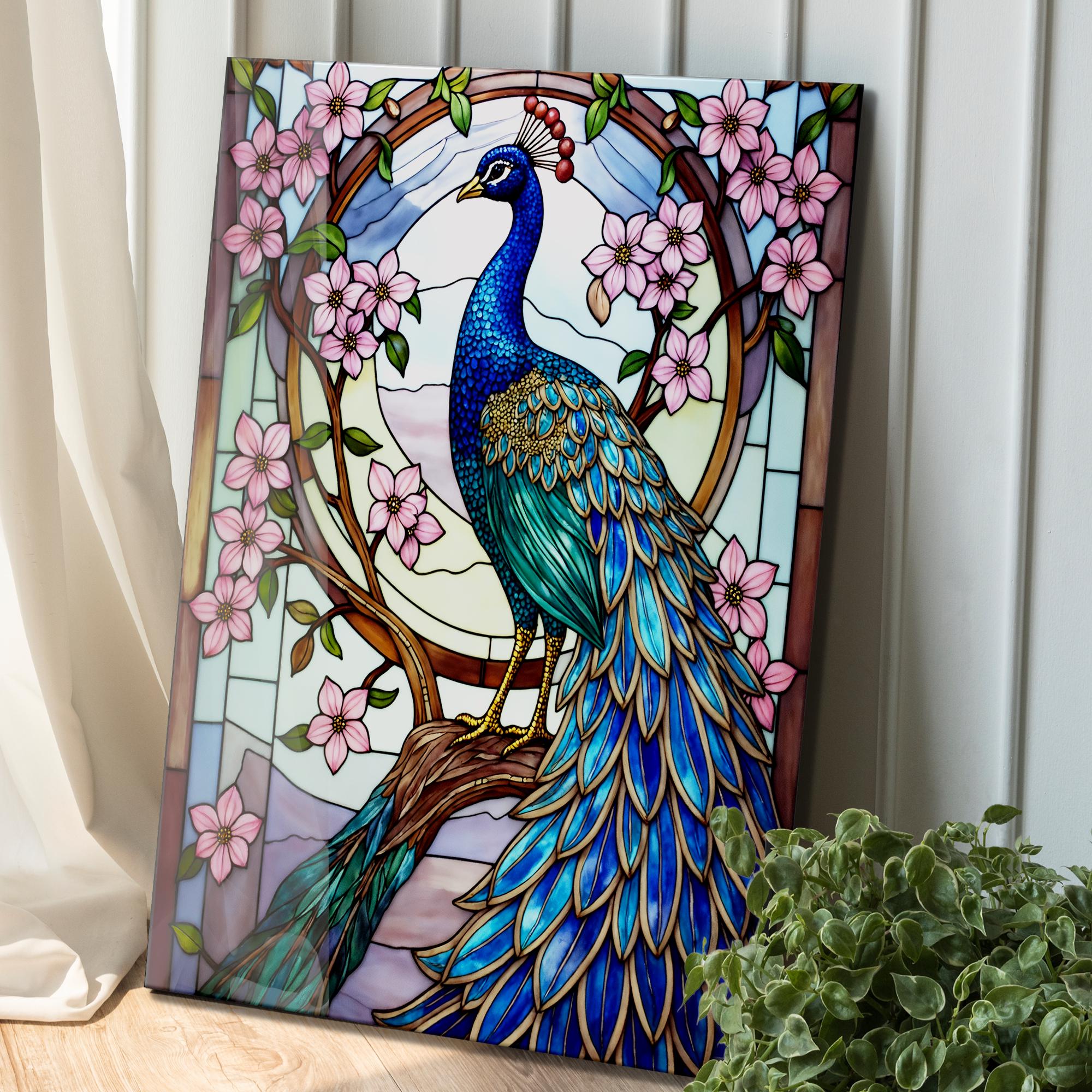 ステンドグラス 孔雀と花のデザイン 約30cm x 40cm ステンドグラス 孔雀と花のデザイン 約30cm x 40cm ステンドグラス