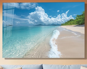 Arte mural de vidrio templado con playa turquesa, impresión de paisaje marino costero